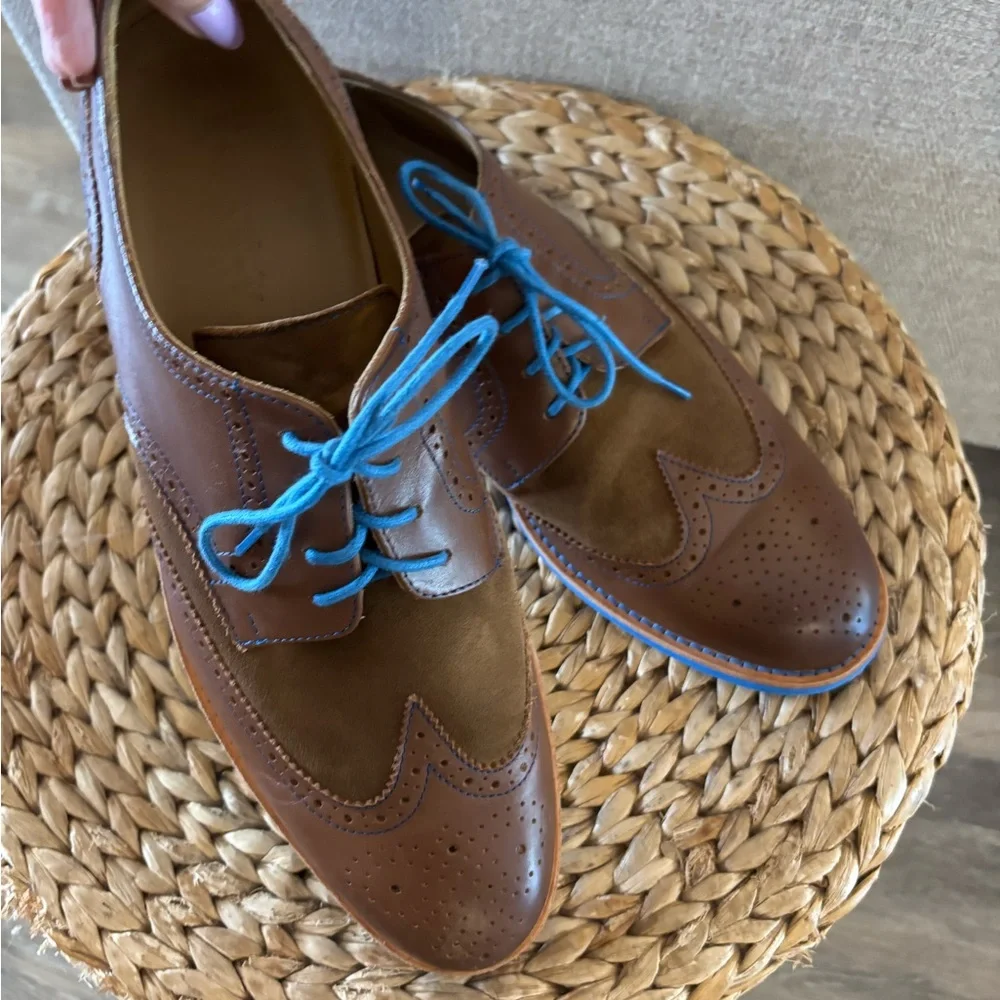Men's Bold Society by Sony Brown Wingtip Dress Shoes with Blue Accents Sz 12
